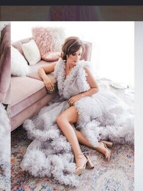Ethereal Ruffled Tulle Gown in Light Gray